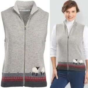 Woolrich Full Zip Sweater Vest Women’s XL Gray 100% Lambswool Sheep Print